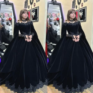 Gothic Black Velvet Wedding Dresses Off The Shoulder Long Sleeves Bridal Gowns - Picture 1 of 14