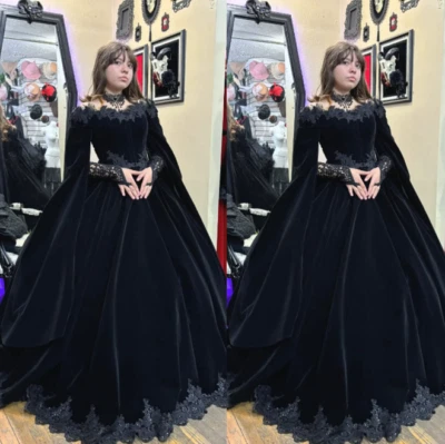 Gothic Black Velvet Wedding Dresses Off The Shoulder Long Sleeves Bridal Gowns - Image 1 of 4