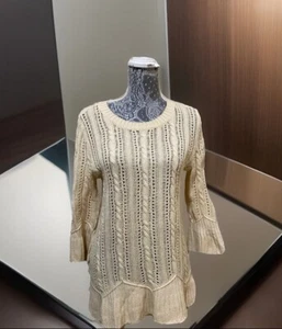 Heather B Peplum Crochet Cable Knit Sweater Boho Women Ruffled 3/4 Bell Sleeve M - Picture 1 of 22