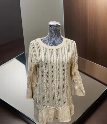 Heather B Peplum Crochet Cable Knit Sweater Boho Women Ruffled 3/4 Bell Sleeve M - Image 1 of 4