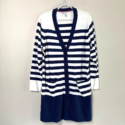Cárdigan Isaac Mizrahi Live Botón Frontal Talla L Azul Blanco Rayas Bolsillos Largos Foto 1 de 4