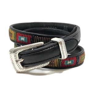 BRIGHTON Womens M Beaded Black Leather Skinny Belt Tribal Boho Silver Buckle - Picture 1 of 8