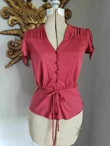 vtg 70's 30's CINNAMON PUFF TIE SLEEVE PEPLUM RUCHE JERSEY DISCO TOP TUNIC S M - Picture 1 of 7