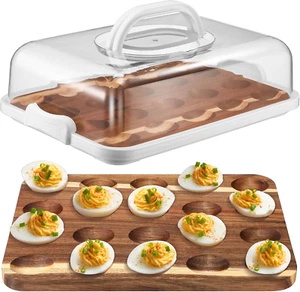 Easter Acacia Wood Deviled Egg Platter with Lid and Base 20 Holes 12 X 8.5 Inch - Picture 1 of 12