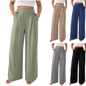 Womens Pleated Straight Leg Pants Casual Loose Trousers Work Office Dress Pants - Picture 1 of 28