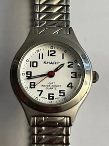 Retro Sharp Watch Womens EZ Read Silver Tone Stretch Band New Battery Excellent! - Picture 1 of 9