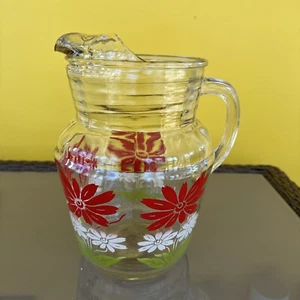 Vintage Hazel Atlas Glass Pitcher With Ice Lip 9.5” Tall Red White Daisy - Picture 1 of 10