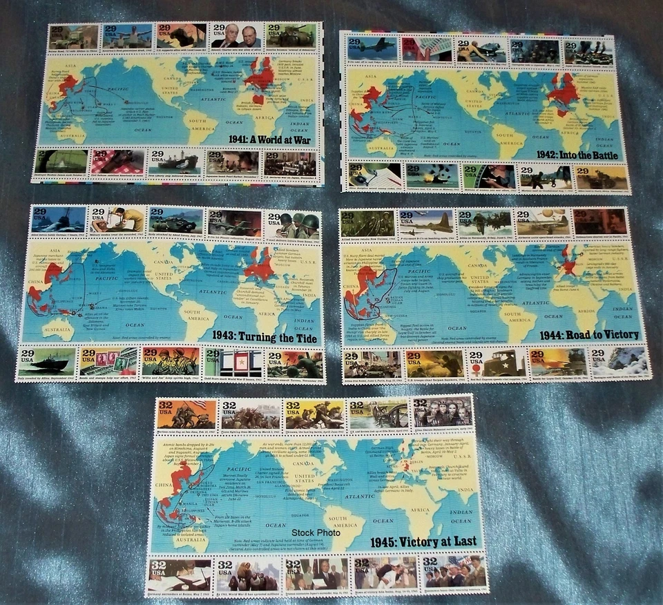 US - 5 World War II Blocks of 10 each, Sc. 2559, 2697, 2765, 2838, 2981, MNH - Image 1 of 1