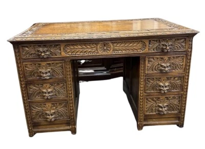 ANTIGUO Pedestal Doble HOMBRE VERDE Escritorio Roble Tallado En Todas Partes Foto 1 de 4