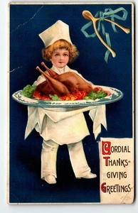 Postcard Cordial Thanksgiving Greetings Clapsaddle Child Chef Turkey PM 1910 - Picture 1 of 2