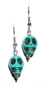 EARRINGS SP Lg Wires W/ Bead Accents Scary Carved Stone Howlite TURQUOISE SKULLS - Picture 1 of 1