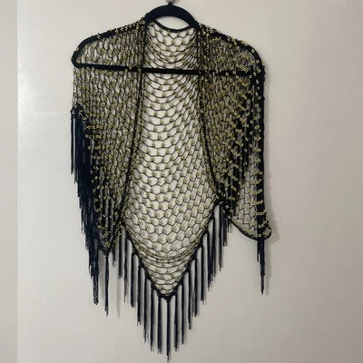 Black Crochet Beaded Fringed Shawl With Gold Beads - Image 1 of 3