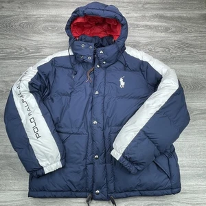 Polo Ralph Lauren Puffer Jacket Mens XL Blue White Down Hooded 18 Big Pony - Picture 1 of 16