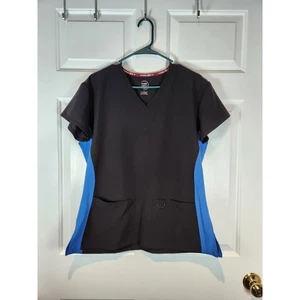 Women's sz M Black Blue Stretch Scrub Top Shirt Short Sleeved Divine by JDM - Picture 1 of 9