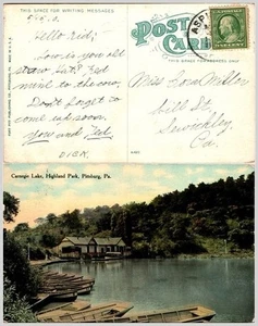 Chromolithograph Postcard: Carnegie Lake Boathouse, Pittsburgh, PA, 1910 - Picture 1 of 1