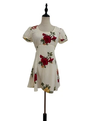 Vtg 90s Cream Ivory Floral Rose Mini Dress Empire Waist Puff Sleeve Babydoll  - Image 1 of 4