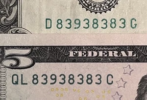 Alternator Matched Set Serial Number 83938383 $1 & $5 Bills Matching Pair Notes - Picture 1 of 7