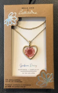 Bella Uno Bellissima HEART Layered Necklace 14K Gold Dipped Pressed DAISY Unique - Picture 1 of 4