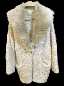 Anthropologie Sleeping On Snow Faux Fur Collar Cardigan Jacket White/Silver NWOT - Picture 1 of 6