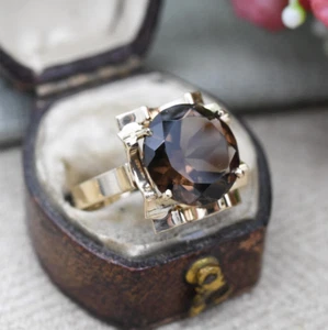 Vintage 9ct Gold Smoky Quartz Statement Ring 1979 - Mid-Century Large Round - Picture 1 of 7