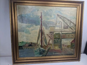 Vintage Original Ölgemälde von Boot im Laderaum signiert Erik Hansen - Bild 1 von 7