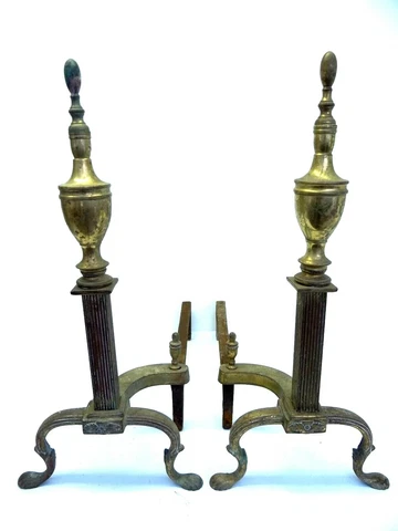 Antique Pair Metal Iron Brass Decorative Claw Foot Fireplace Andiron Log Holders Cover