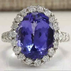 3.Ct Oval Cut Lab Created Blue Tanzanite Halo Ring 14K White Gold Plated Silver - Picture 1 of 3