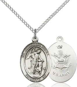 Sterling Silver Guardian Angel US Army Catholic Pendant Medal Necklace 18" Chain - Picture 1 of 3