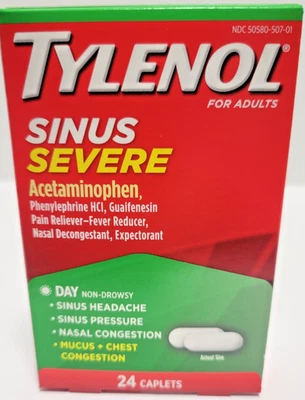 Tylenol Sinus Moco Severo No Somnol + Comprimidos de Pecho, Día/Durante el Día, 24 Ct NUEVO Foto 1 de 2
