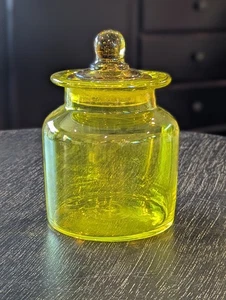 VTG Takahashi Apothecary Jar Canister Yellow Glass Hand Blown 5 3/4" with Lid - Picture 1 of 17