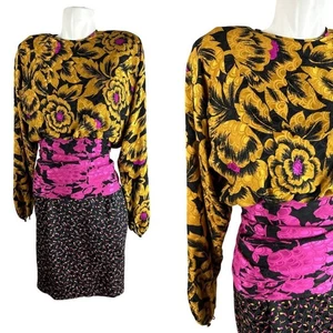 Vtg 1980s Peggy Jennings Floral Polka Dot 100% Silk Dress Size 4 Floral Womens - Picture 1 of 7