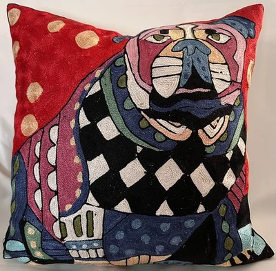 NOVELTY BULLDOG Crewel Work Cushion Cover Raw Silk Embroidery 18"x18" LIMITED ED - Image 1 of 4