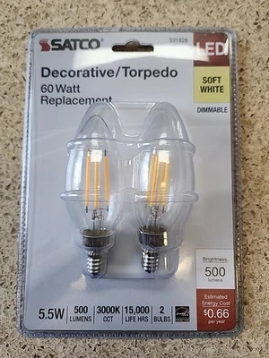 Satco S21828 120V Torpedo E12 Candelabra Base Soft White Light B11 LED Bulb 60W - Image 1 of 3