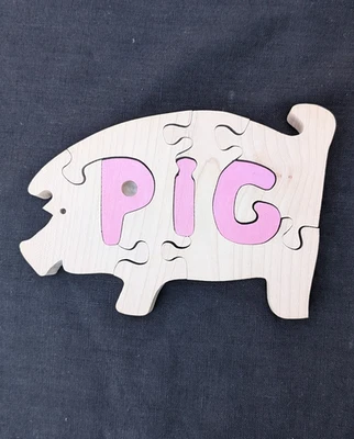 VTG CHUNKY WOODEN FREESTANDING PUZZLE PINK PIG COUNTRY COTTAGE FARMHOUSE DECOR - Image 1 of 4