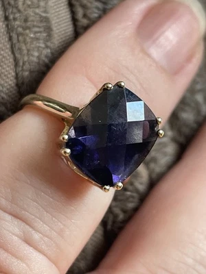 Anillo de cóctel de iolita corte a cuadros oro 9 quilates talla L 1/2 3 g vintage con sello Foto 1 de 4