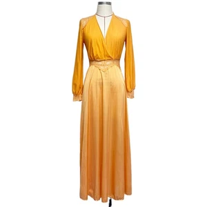 Vintage Womens Orange Lace Detail Long Sleeve Maxi Slip Dress - Picture 1 of 9