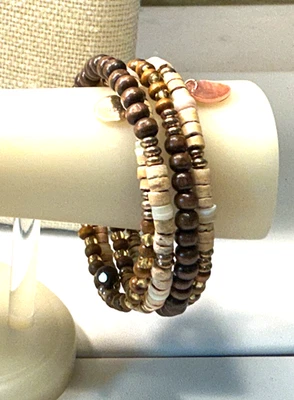 Moda Pulsera Marrón Tostado Madera Cuentas Heishe MOP Alambre Retroceso Brazalete Lote 63B Foto 1 de 3