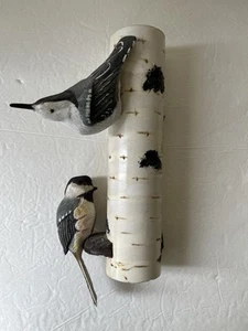 White Breasted Nuthatch & Black Capped Chickadee On Birch Tree Wood Carving 12” - Picture 1 of 11