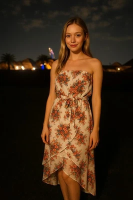 Vestido Poesía Blanco Floral Sin Tirantes Midi Alto-Lo Volantes Dobladillo Boho Verano Foto 1 de 4