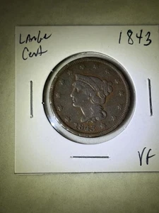 1843 Braided Hair Large Cent VF Condition Free Shipping - Picture 1 of 2