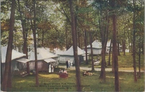 YMCA College Lake George Wisconsin WI birds eye view tents camp postcard F505 - Picture 1 of 2