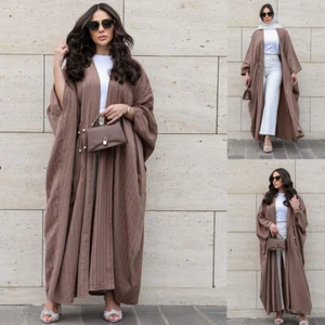 Dubai Women Stripes Abaya Maxi Dress Open Cardigan Islamic Robe Loose Dress New - Bild 1 von 27