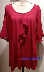 NY Collection 2X Red Blouse Front Ruffle Short Bell Sleeve Scoop Neck L070221B - Picture 1 of 11