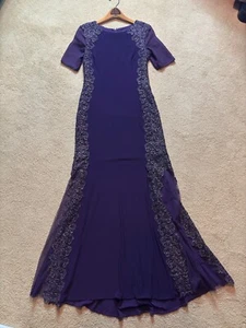 Xscape Plum Purple Short Sleeve Gold Embroidery Prom Formal Long Gown Dress 8 - Picture 1 of 13