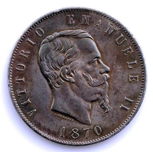 SC. Italia-.Vittorio Enmanuel II. 5 Liras 1870 Milán. EBC-/XF- Plata 24,9 g. - Imagen 1 de 2