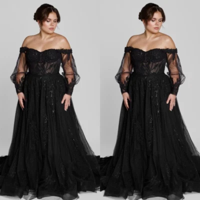 Schwarze elegante Brautkleider von der Schulter Gotische Vintage Brautkleider - Bild 1 von 4