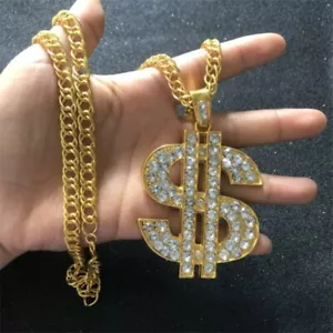 Large Hip Hop Dollar Necklace - Dollar Sign CZ Gemstones Rapper Bling 24" Chain - Picture 1 of 4