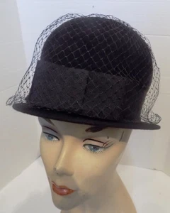 Vintage Black Wool Felt Helmet Hat with Veil Zephyr Felt - Picture 1 of 5