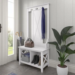 White Oak Wooden Hall Tree Coat Rack Storage Cubby Stand Entryway Shoe Bench - Picture 1 of 7