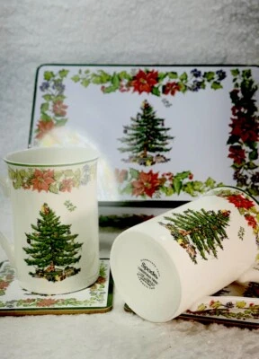 Spode Christmas Tree with Poinsettia Trim Tin Set of Mugs with Coasters - Image 1 of 4